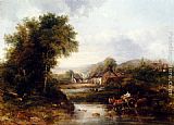 Famous Cattle Paintings - An Extensive River Landscape With A Drover In A Cart With His Cattle
